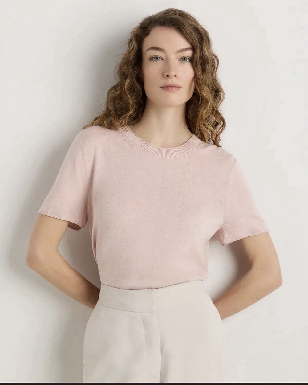 NWT Quince Small Lightweight Cotton Cashmere Relaxed Sweater Tee Pink Minimalist